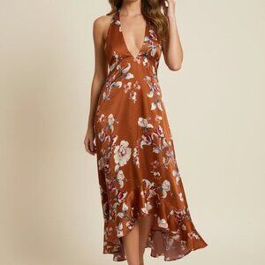 Flying Tomato Floral Satin Ruffle Wrap Maxi Dress Size L